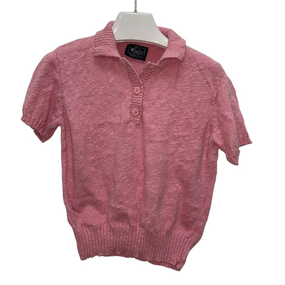 Woolrich pink cotton short sleeve Vintage nubby knit quarter button sweater M